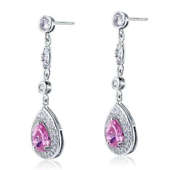 1.5 Carat Pear Cut Pink Created Sapphire 925 Sterling Silver Dangle Earrings MXFE8057