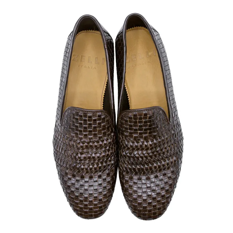 19-229-DBR LUCE Italian Calfskin Woven Loafer, Dark Brown