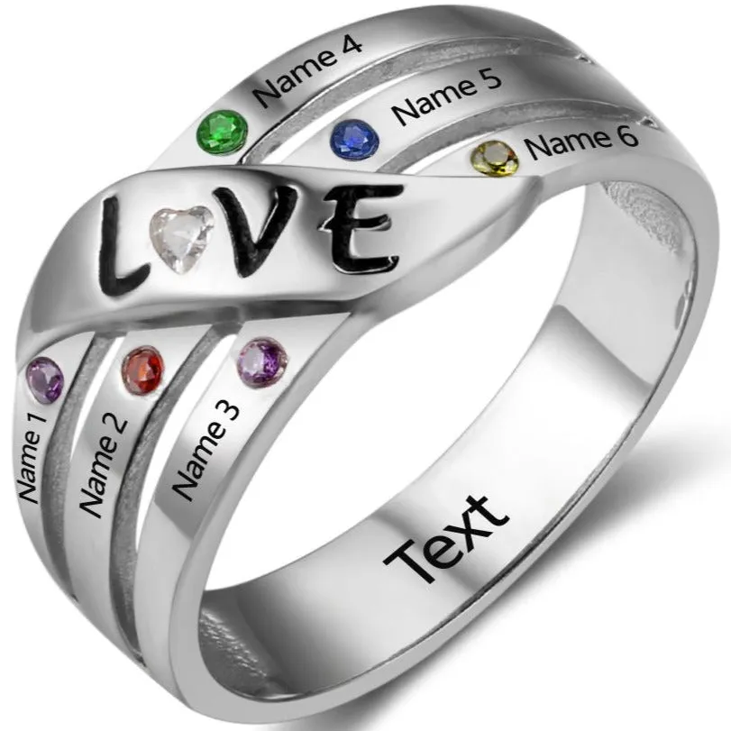 6 Engraved Names 6 Birthstone Mother's grandma LOVE Ring