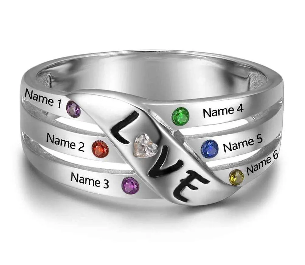 6 Engraved Names 6 Birthstone Mother's grandma LOVE Ring