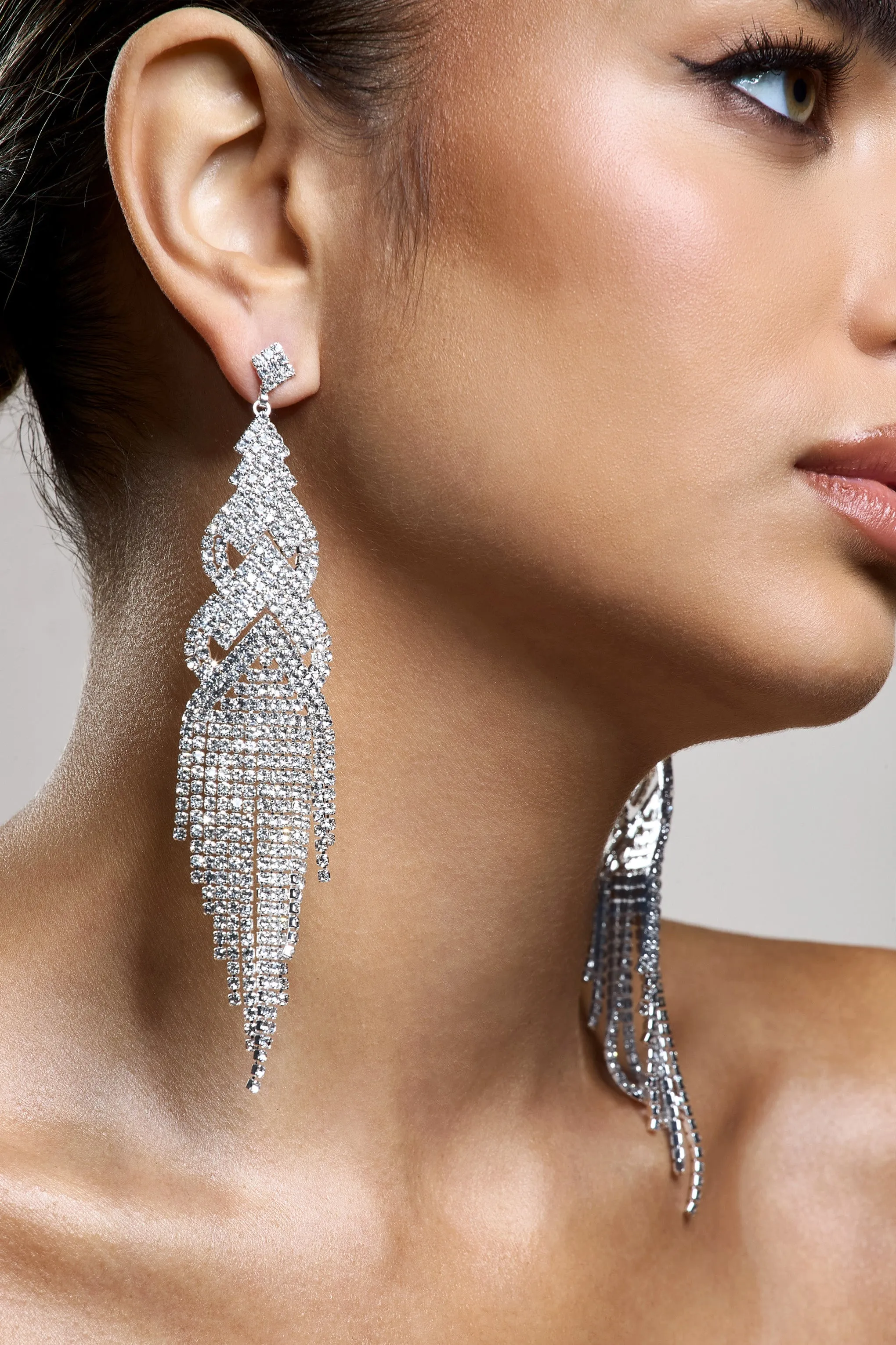 Adorn | Silver Diamante Statement Tassel Drop Earrings