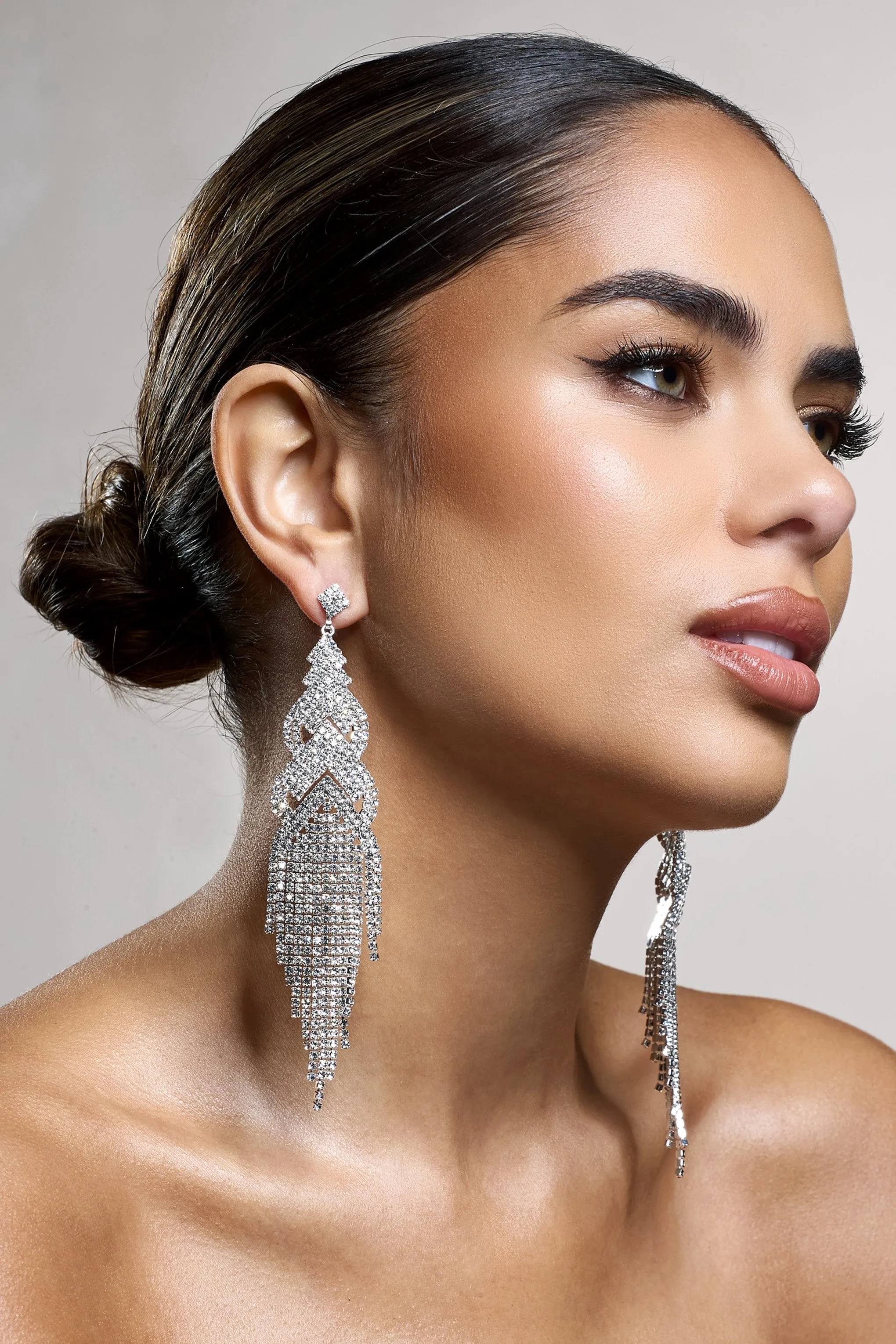 Adorn | Silver Diamante Statement Tassel Drop Earrings