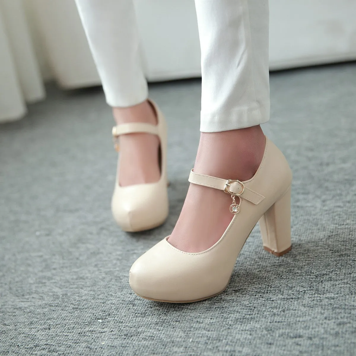 Ankle Straps Women Platform Pumps Mid Chunky Heels Shoes 9845