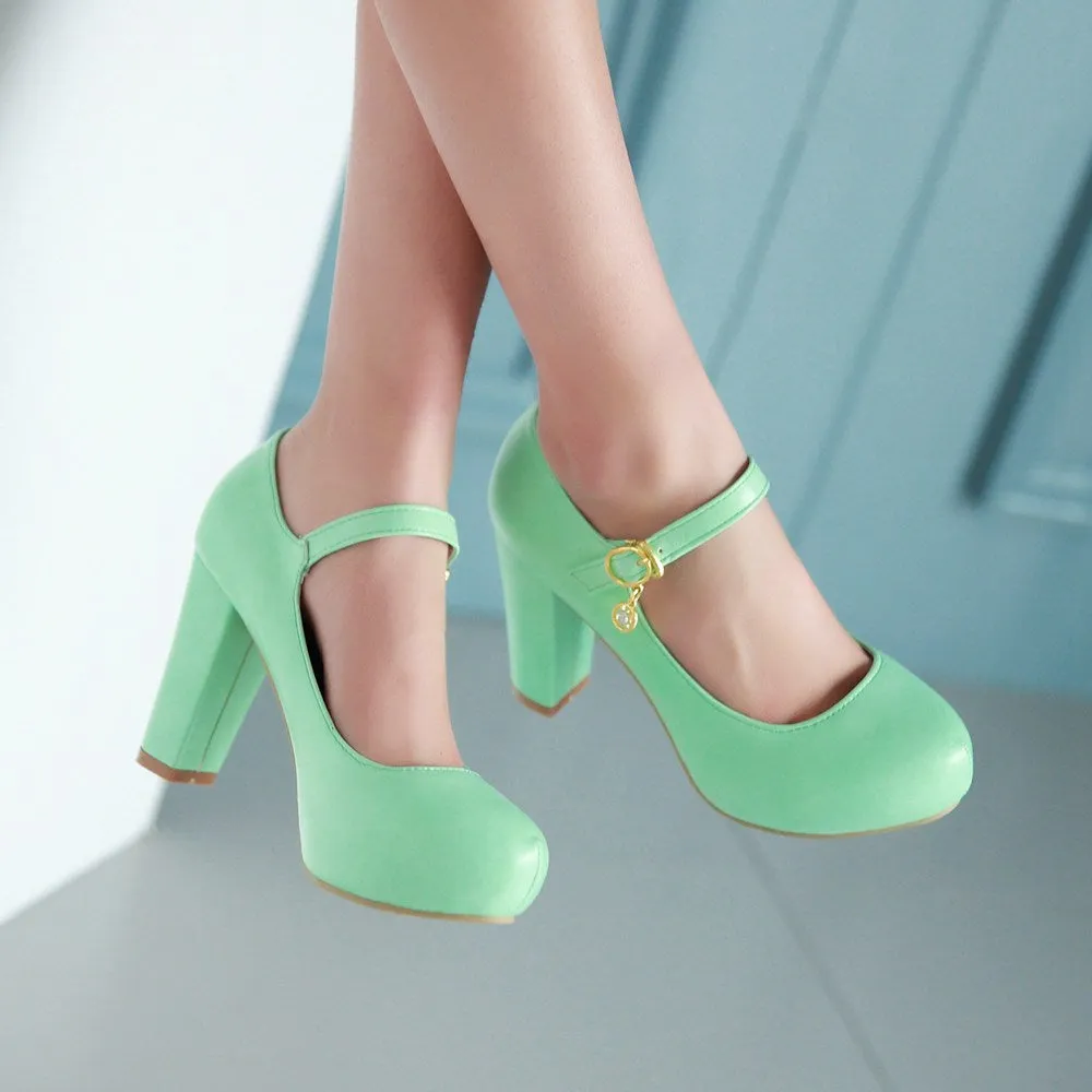 Ankle Straps Women Platform Pumps Mid Chunky Heels Shoes 9845