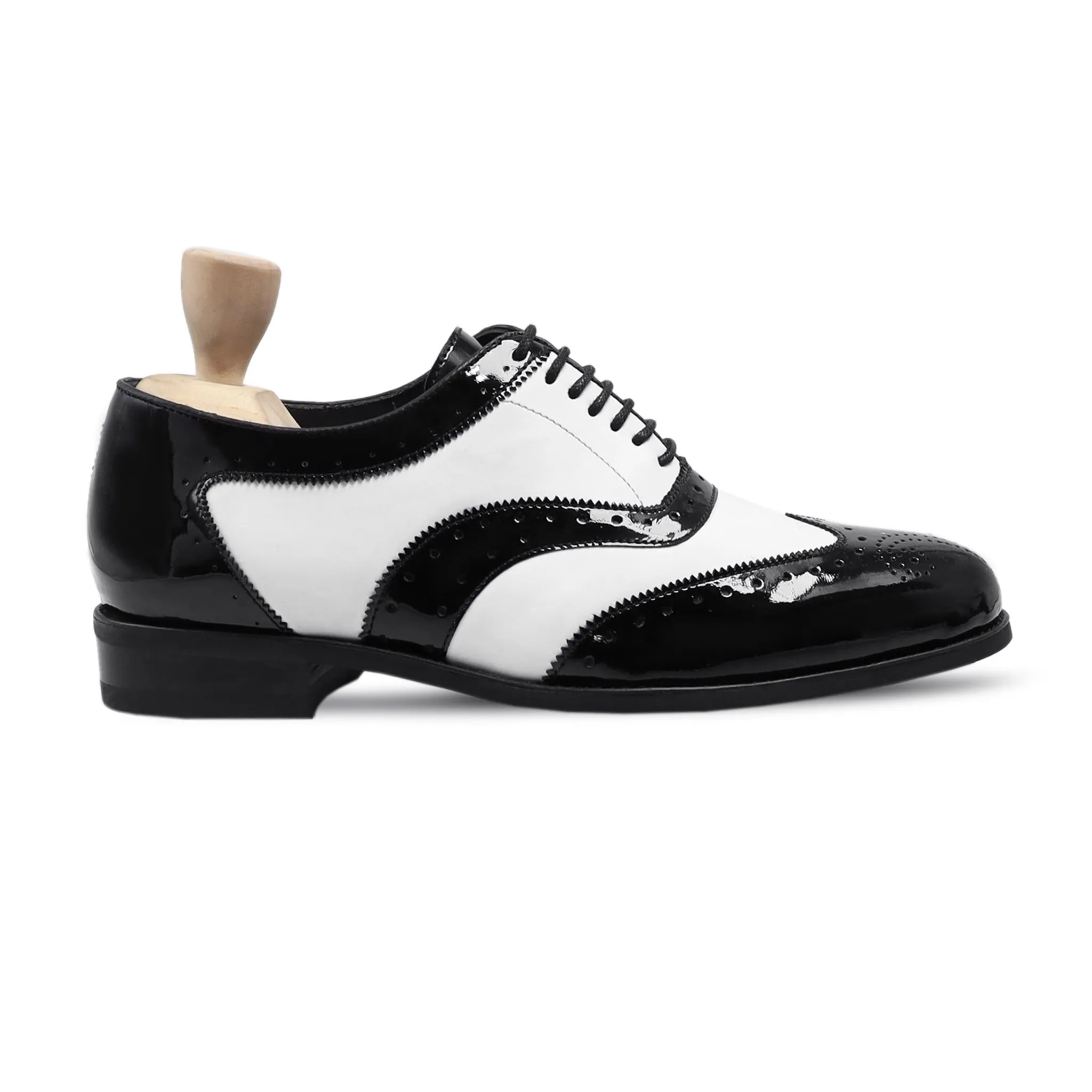 ARLEY - FUSION OF BLACK PATENT AND WHITE BOX LEATHER HIGH SHINE OXOFRD