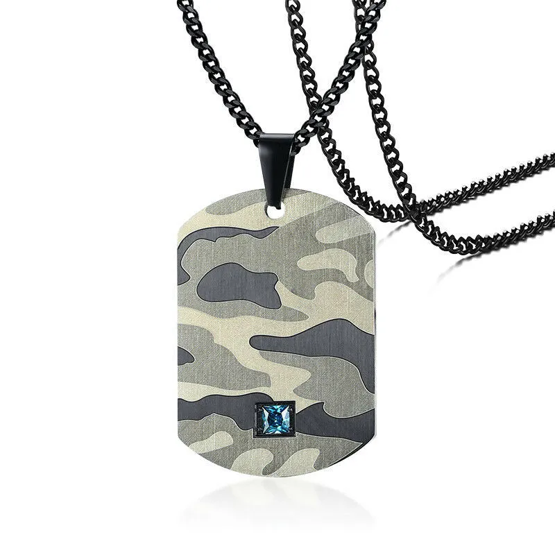 Army Camo Dog Tag Aquamarine Pendant Necklace