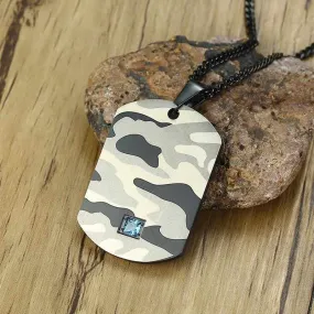 Army Camo Dog Tag Aquamarine Pendant Necklace