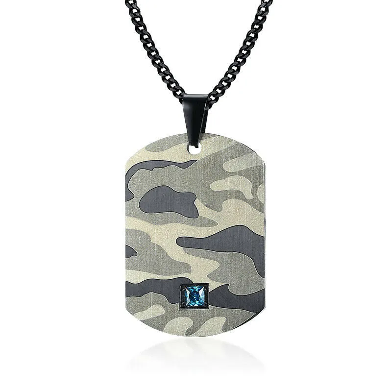 Army Camo Dog Tag Aquamarine Pendant Necklace