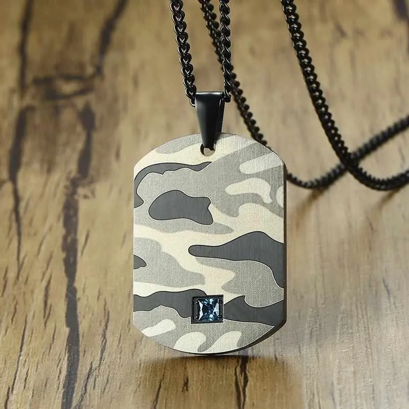 Army Camo Dog Tag Aquamarine Pendant Necklace