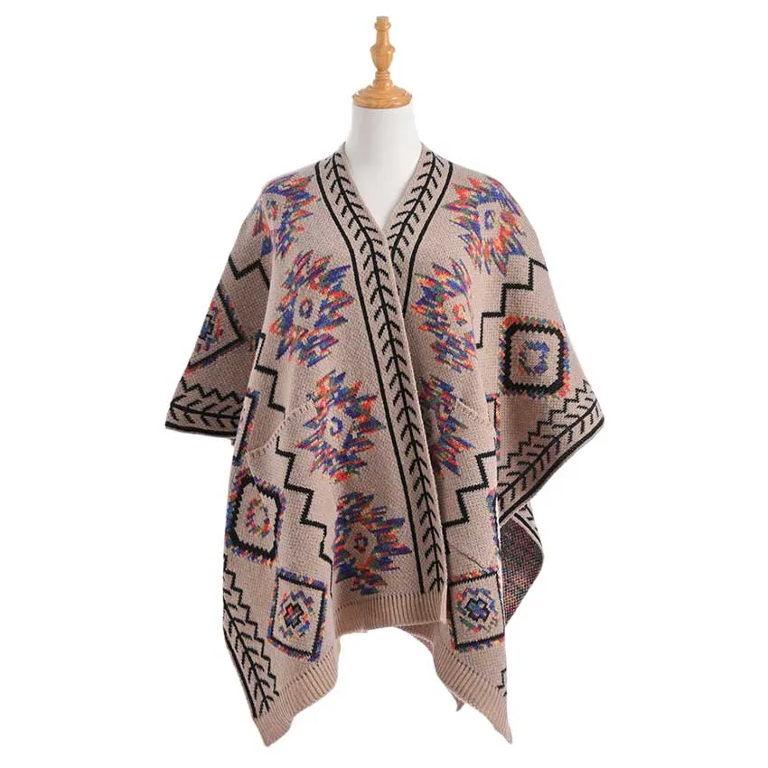 Beautiful Boho Patterned Front Pockets Poncho