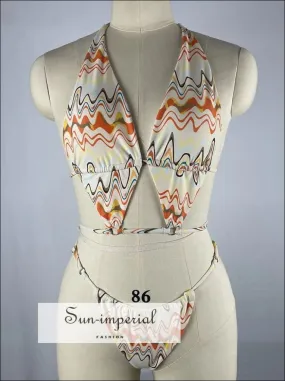 Beige One Piece Backless Monokini With Belt Tie And Geo Print Detail