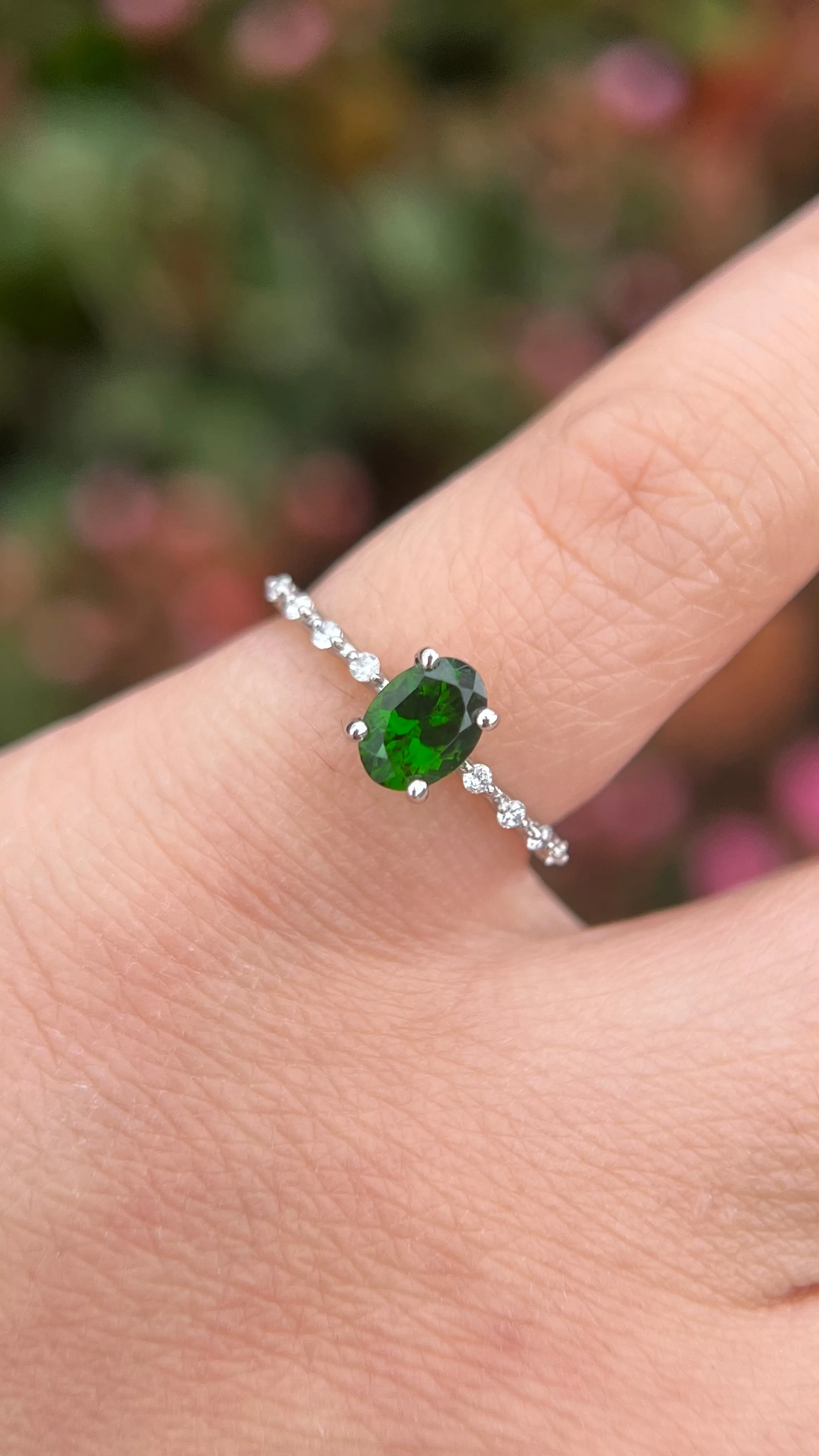 Bella 7x5mm 0.70ct Oval Chrome Diopside Spaced Diamond Ring 14K Gold DFR063