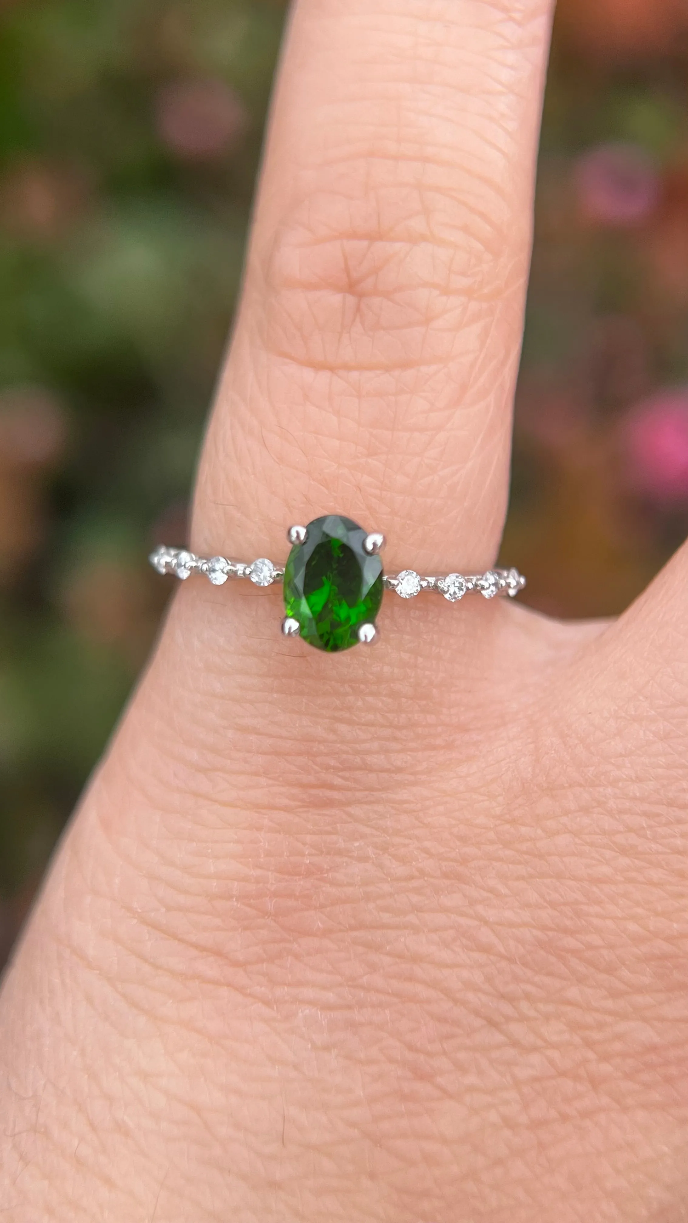 Bella 7x5mm 0.70ct Oval Chrome Diopside Spaced Diamond Ring 14K Gold DFR063