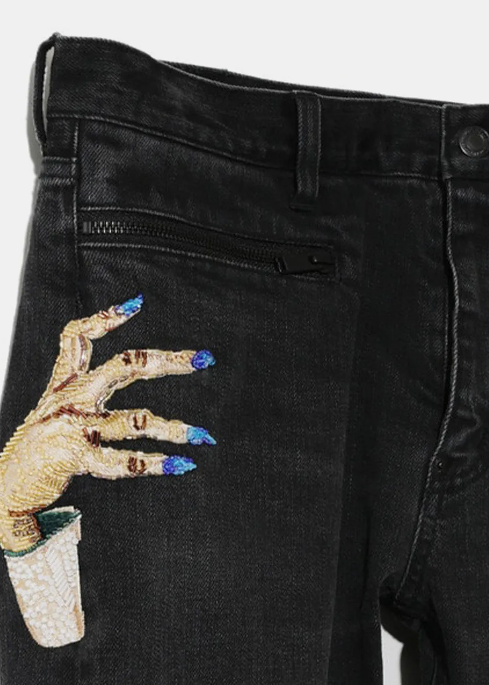 Black Bead Embroidered Denim Jeans