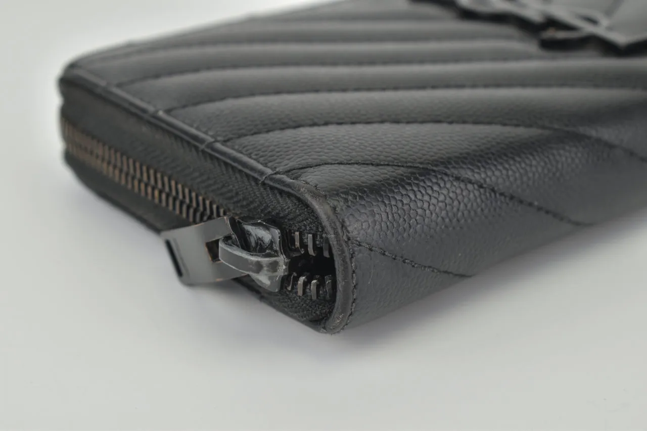 Black Chevron Quilted Grained Leather Matelasse Zippy Wallet