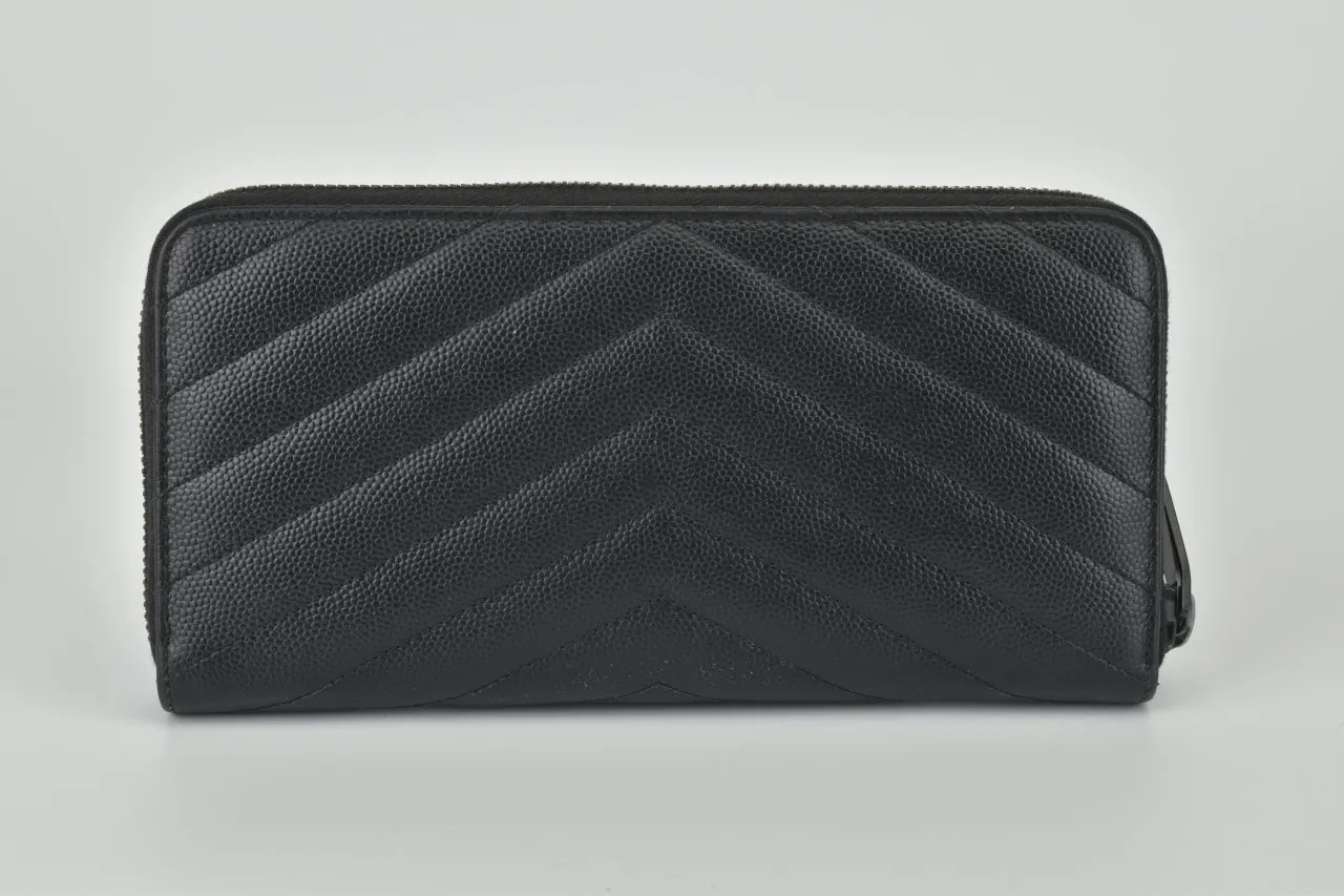 Black Chevron Quilted Grained Leather Matelasse Zippy Wallet