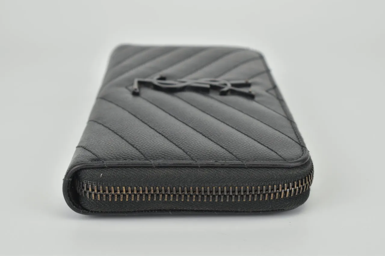 Black Chevron Quilted Grained Leather Matelasse Zippy Wallet