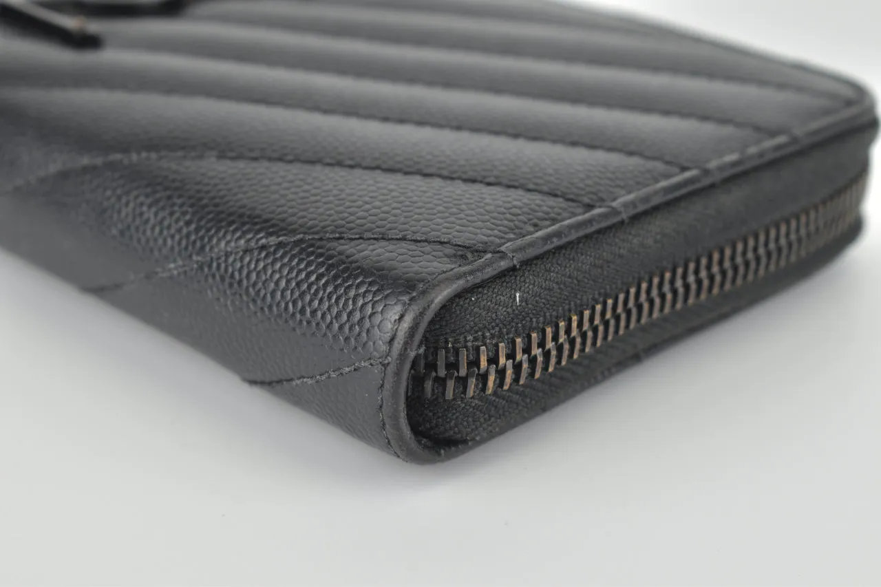 Black Chevron Quilted Grained Leather Matelasse Zippy Wallet