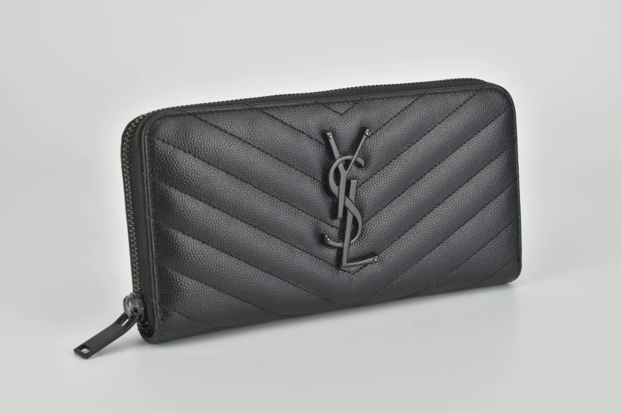 Black Chevron Quilted Grained Leather Matelasse Zippy Wallet