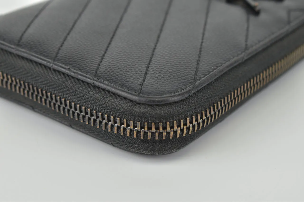 Black Chevron Quilted Grained Leather Matelasse Zippy Wallet