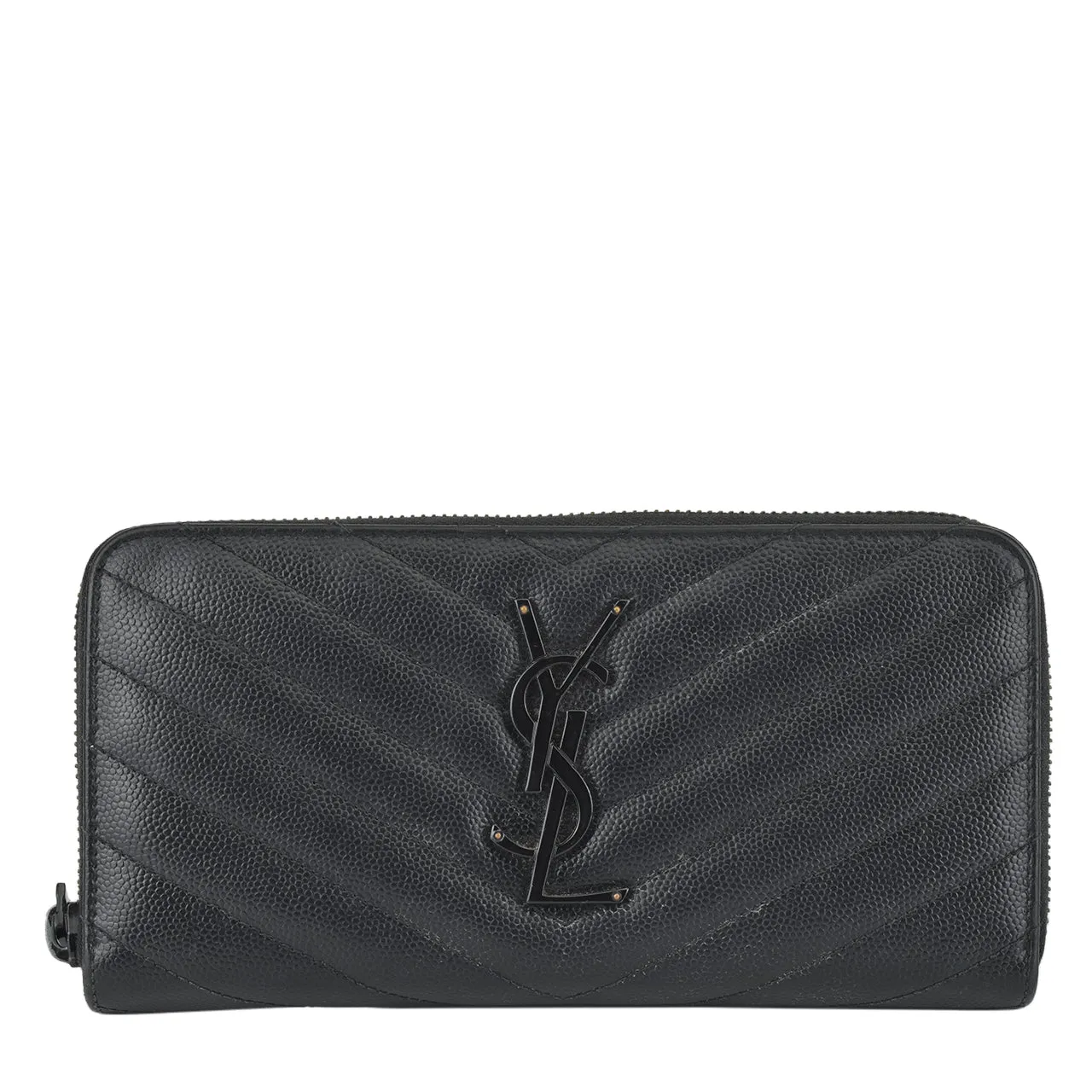 Black Chevron Quilted Grained Leather Matelasse Zippy Wallet