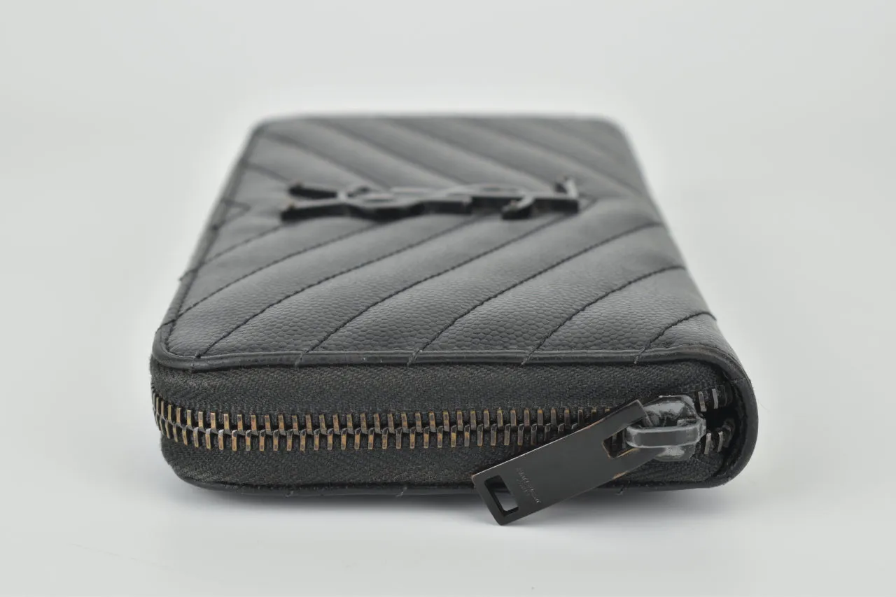 Black Chevron Quilted Grained Leather Matelasse Zippy Wallet