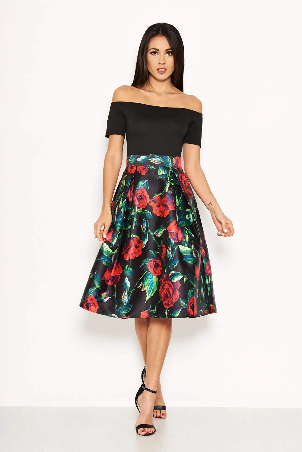 Black Floral Skater Dress