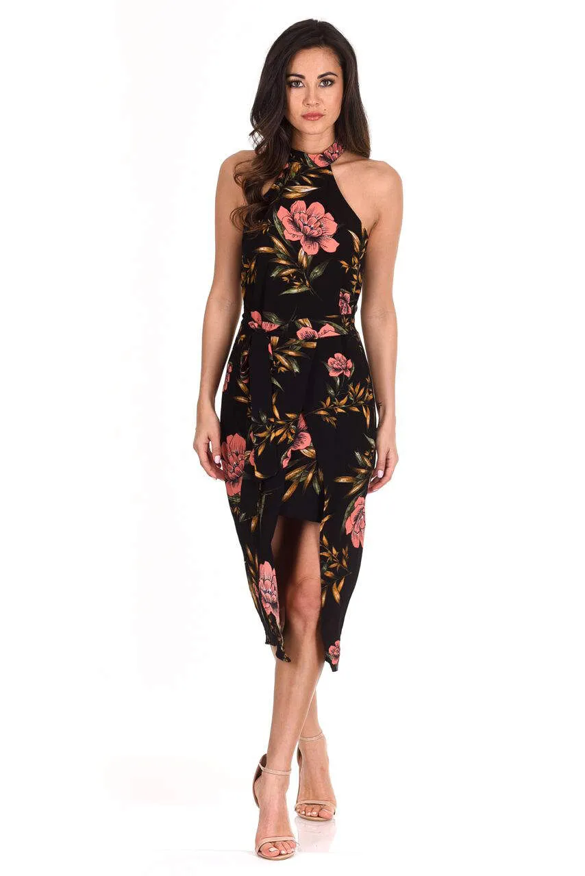 Black Floral Wrap Skirt Dress