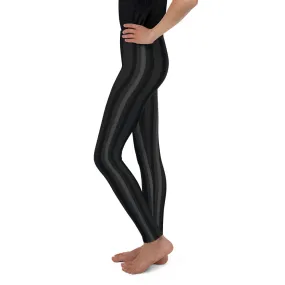 Black Gray Striped Youth Leggings, Vertical Stripe Print Youth Leggings- Made in USA/ EU