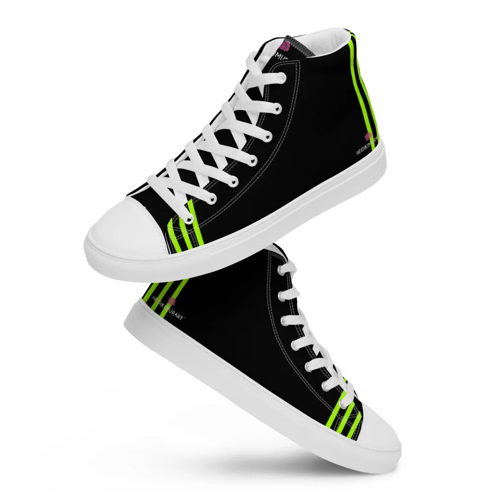 Black Green Striped Women's Sneakers, Neon Green Stripes High Top Tennis Shoes For Ladies