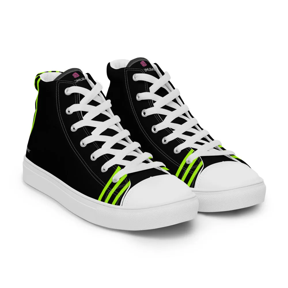 Black Green Striped Women's Sneakers, Neon Green Stripes High Top Tennis Shoes For Ladies