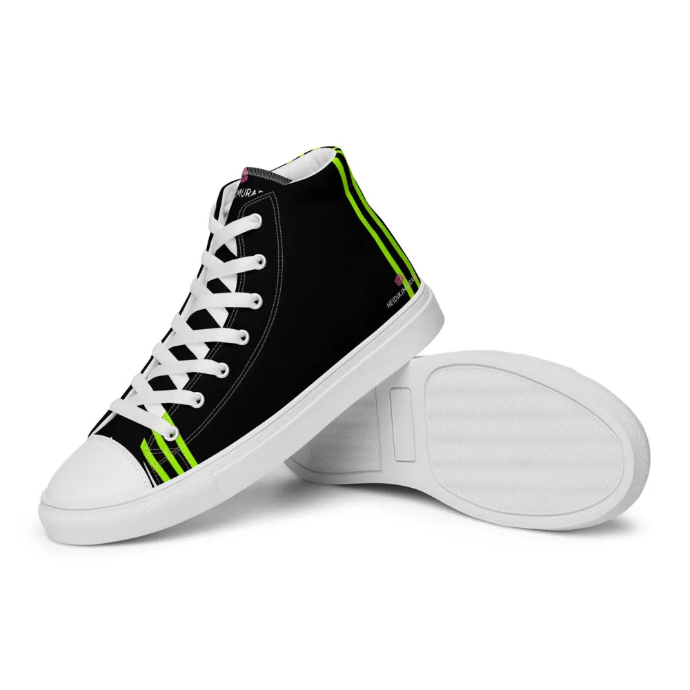 Black Green Striped Women's Sneakers, Neon Green Stripes High Top Tennis Shoes For Ladies