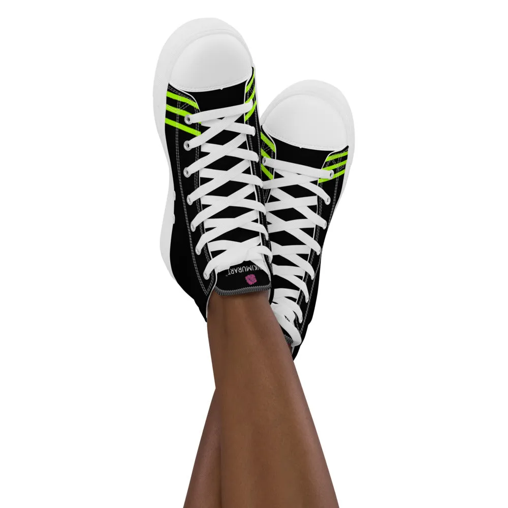 Black Green Striped Women's Sneakers, Neon Green Stripes High Top Tennis Shoes For Ladies