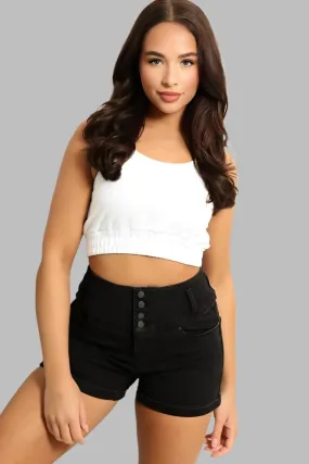 Black High Waist Multi Buttoned Denim Shorts