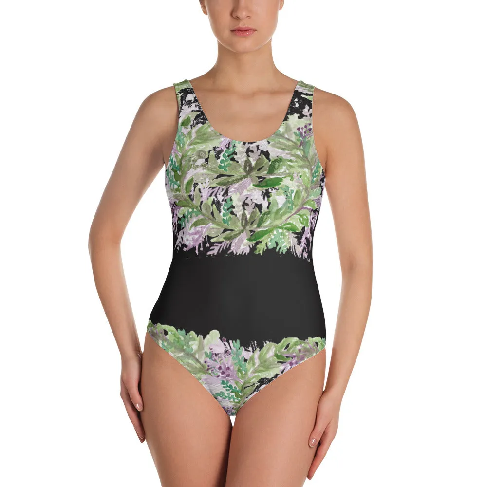 Black Lavender Floral Women's Swimwear, Lavender Print One-Piece Unpadded Designer Swimsuit