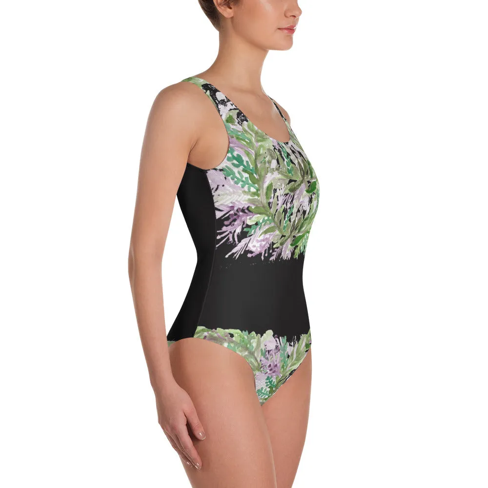 Black Lavender Floral Women's Swimwear, Lavender Print One-Piece Unpadded Designer Swimsuit