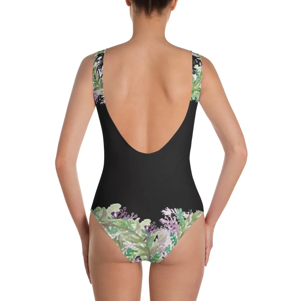 Black Lavender Floral Women's Swimwear, Lavender Print One-Piece Unpadded Designer Swimsuit