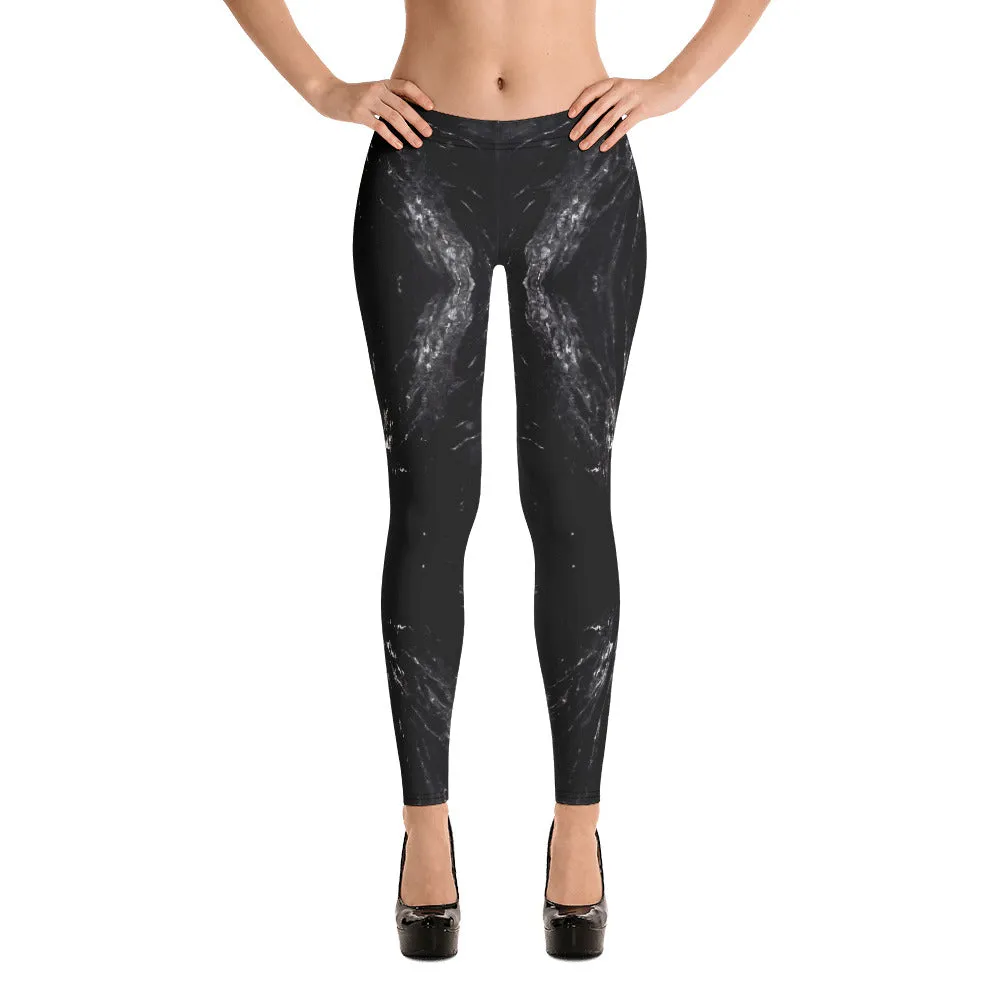 Black Marble Print Women's Leggings, Dark Grey Marble Print Casual Long Tights-Made in USA/EU