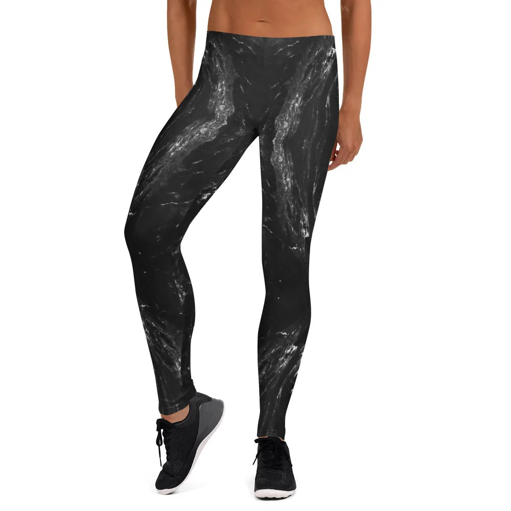 Black Marble Print Women's Leggings, Dark Grey Marble Print Casual Long Tights-Made in USA/EU