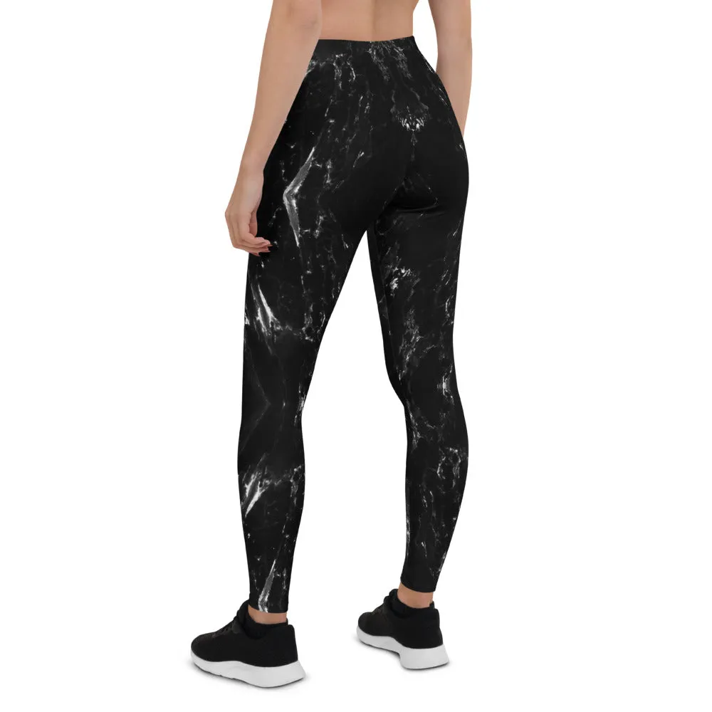 Black Marble Print Women's Leggings, Dark Grey Marble Print Casual Long Tights-Made in USA/EU