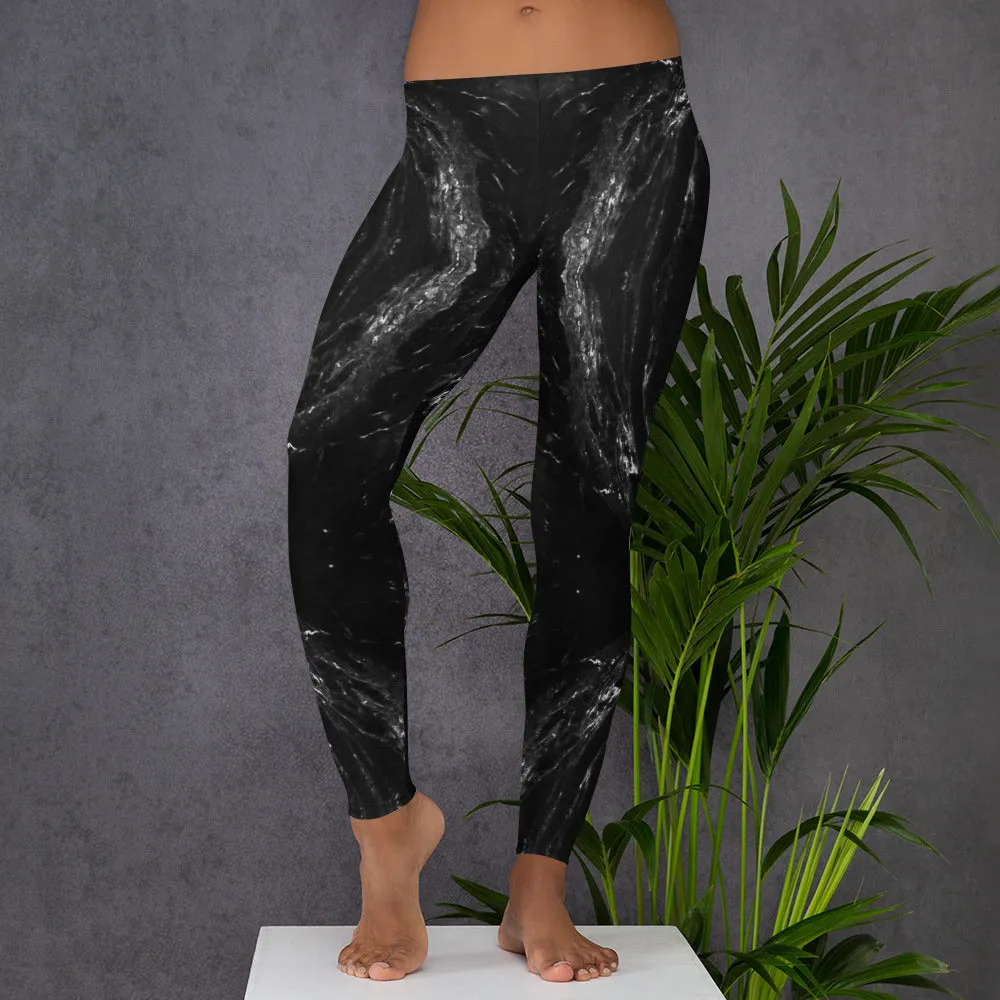 Black Marble Print Women's Leggings, Dark Grey Marble Print Casual Long Tights-Made in USA/EU