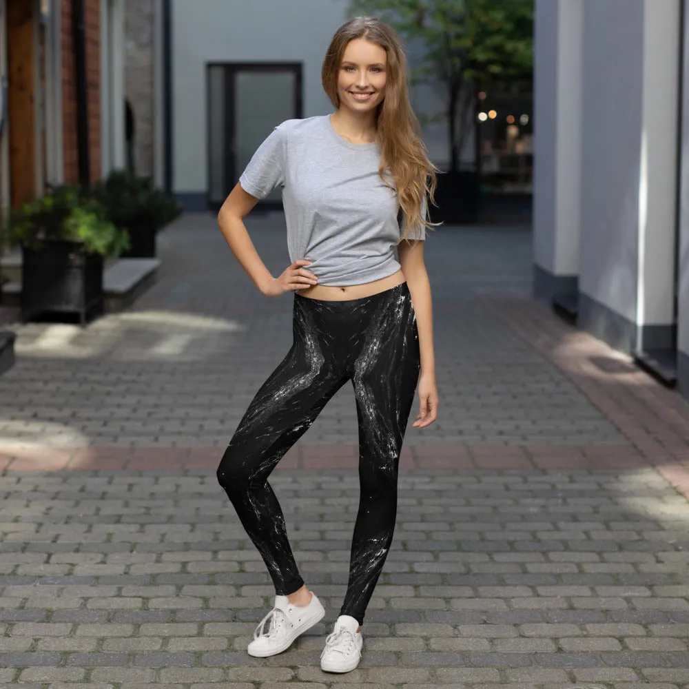 Black Marble Print Women's Leggings, Dark Grey Marble Print Casual Long Tights-Made in USA/EU