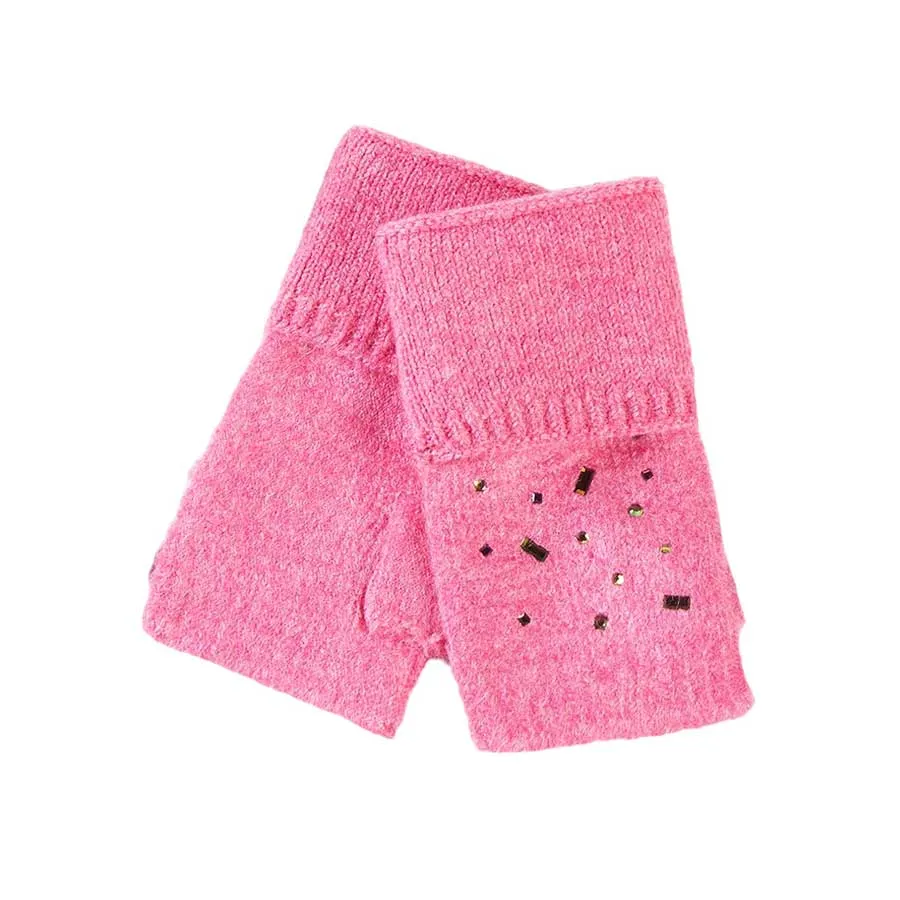 Bling Stone Embellished Knit Fingerless Gloves