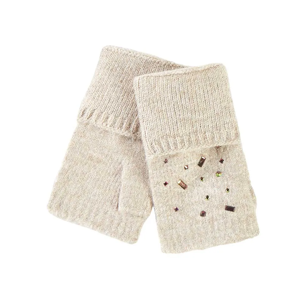 Bling Stone Embellished Knit Fingerless Gloves