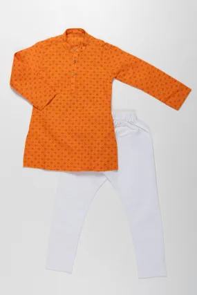 Bright Orange Printed Kurta with White Pajama Set for Kids - Festive Traditional Wear