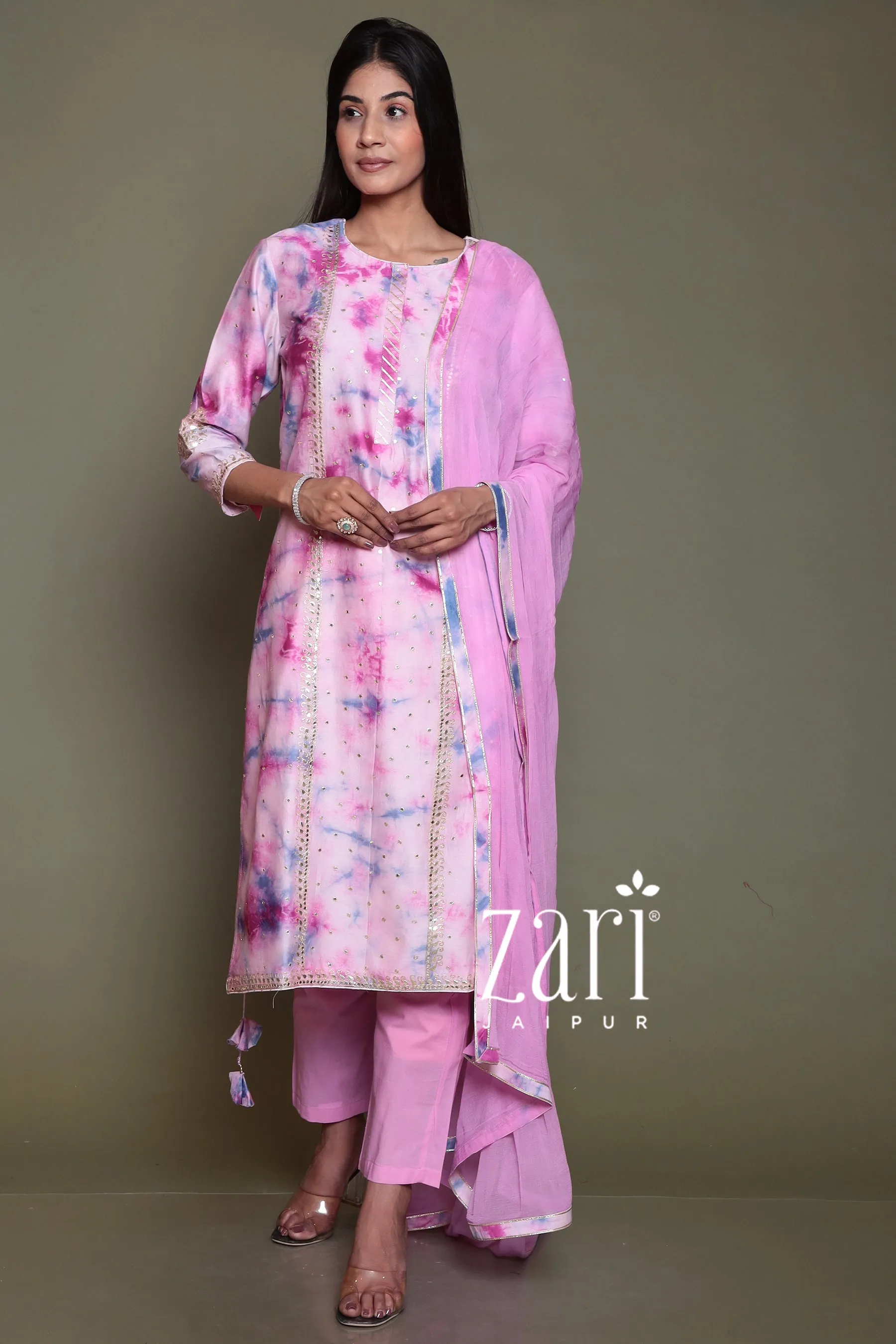 Chanderi silk  Suit with Aari, Gota Patti, Mirror work.