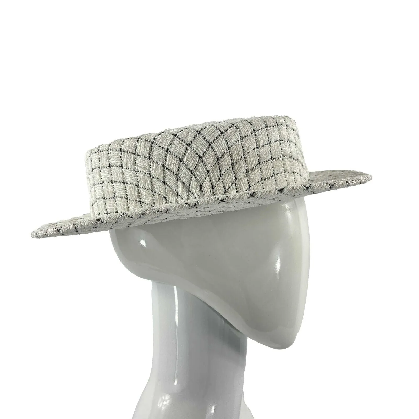 CHANEL - Quilted Fantasy Tweed CC Boater Hat - Black, White