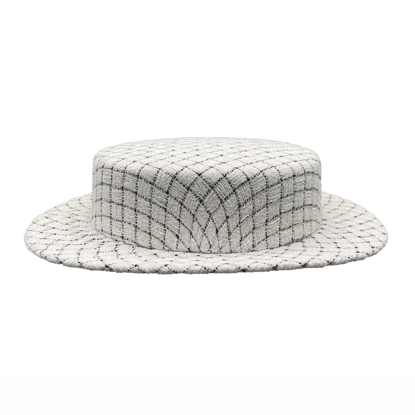 CHANEL - Quilted Fantasy Tweed CC Boater Hat - Black, White