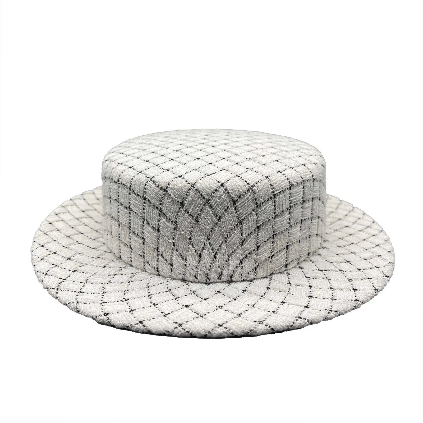 CHANEL - Quilted Fantasy Tweed CC Boater Hat - Black, White