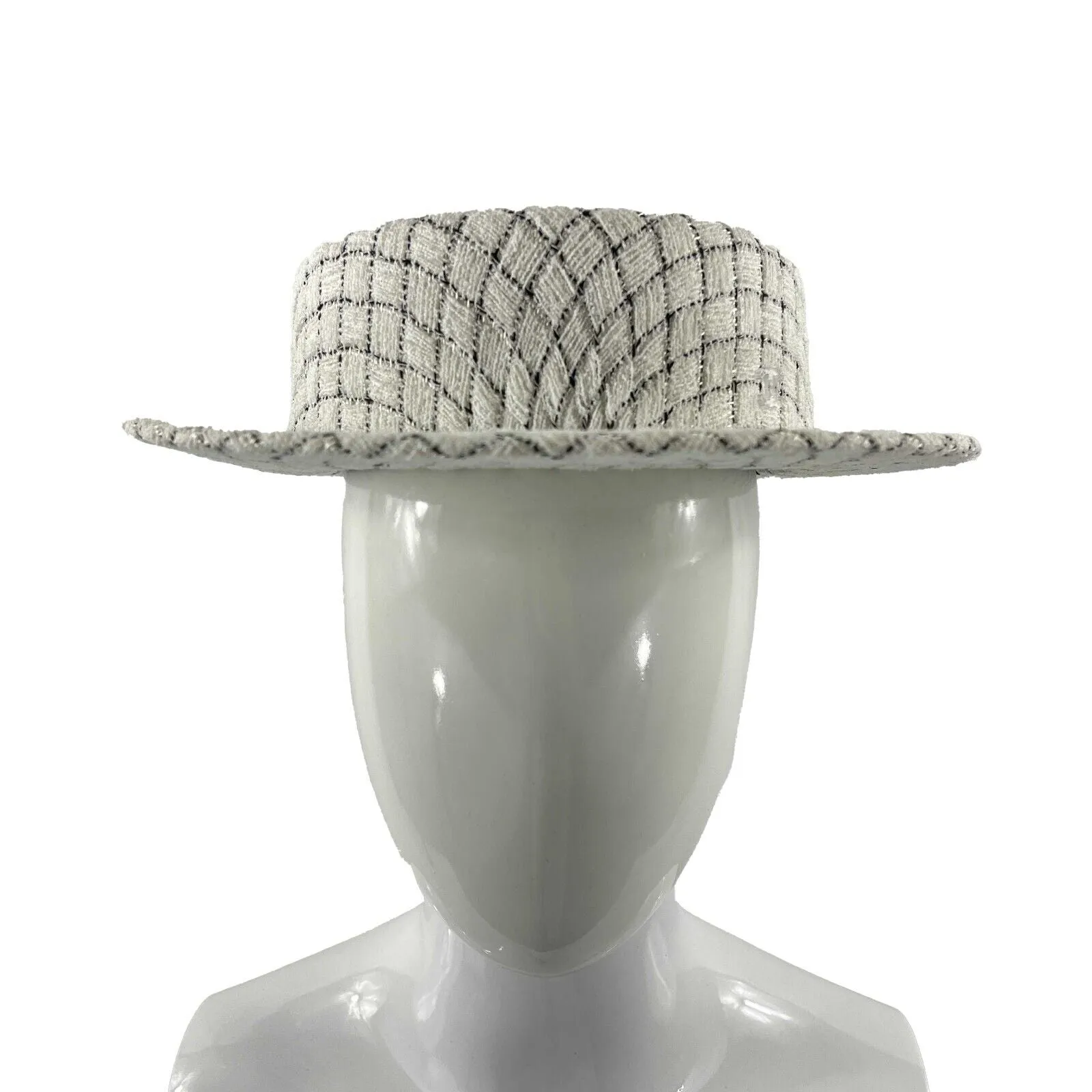 CHANEL - Quilted Fantasy Tweed CC Boater Hat - Black, White